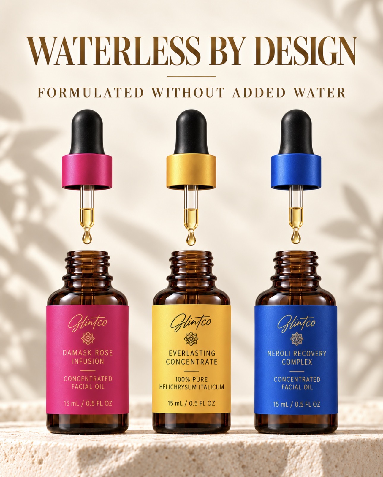 GLINTCO waterless botanical oils with dropper applicators